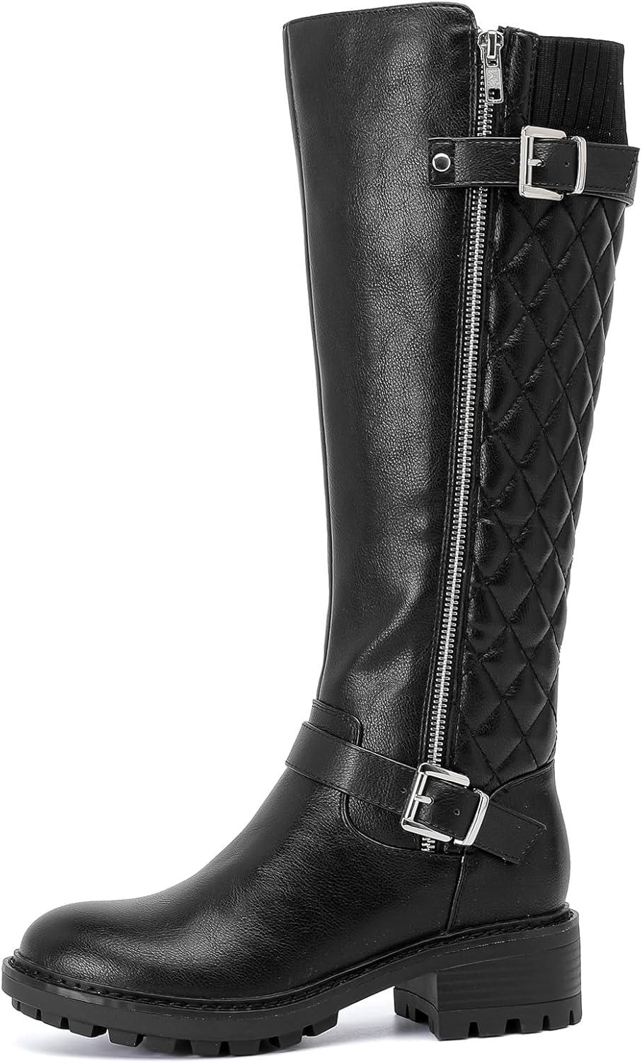 imageKnee High Boots for Women Classic Comfort Riding Combat Boot Round Toe Side Zipper Long Tall Fall Winter Womens BootsBlack Pu 267