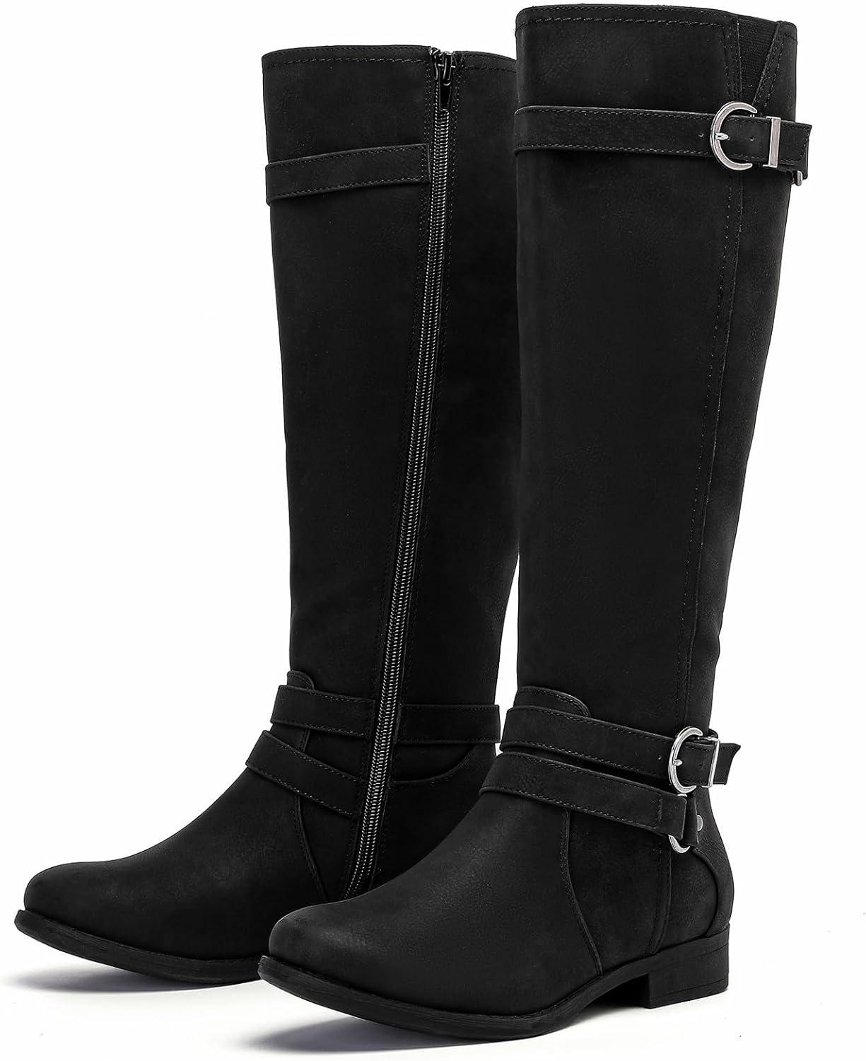 imageKnee High Boots for Women Classic Comfort Riding Combat Boot Round Toe Side Zipper Long Tall Fall Winter Womens BootsBlack Pu 305