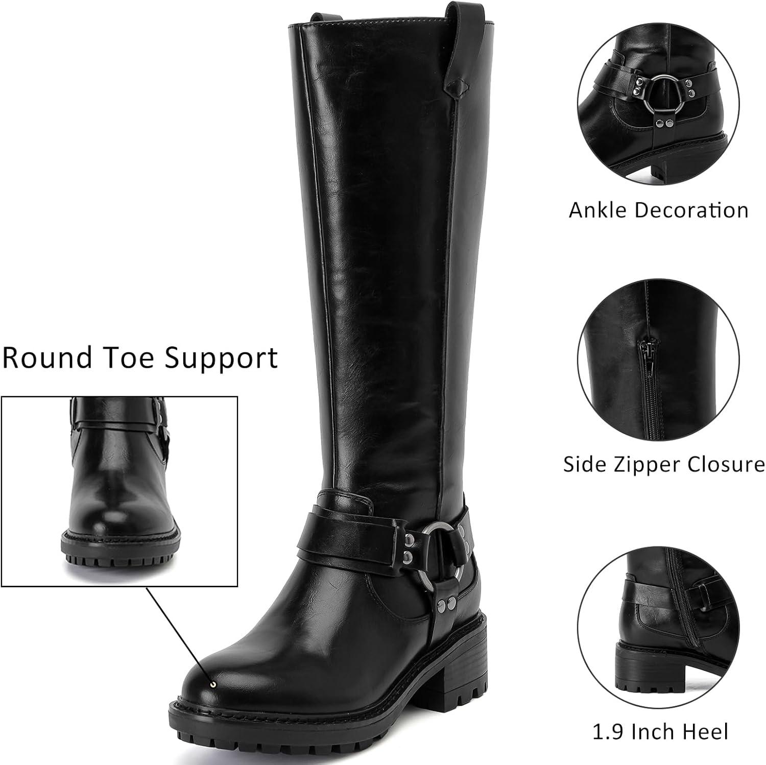 imageKnee High Boots for Women Classic Comfort Riding Combat Boot Round Toe Side Zipper Long Tall Fall Winter Womens BootsBlack Pu 972