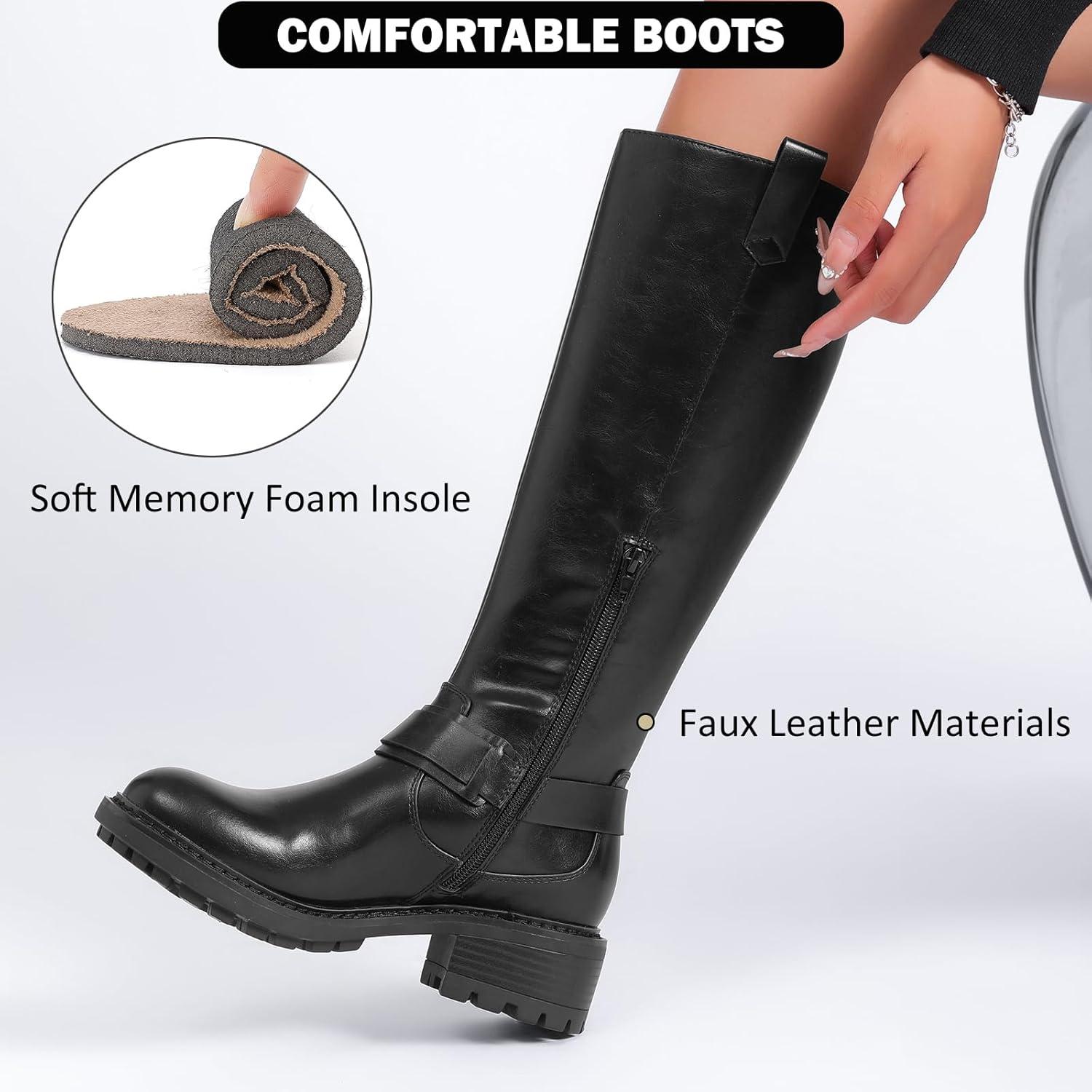 imageKnee High Boots for Women Classic Comfort Riding Combat Boot Round Toe Side Zipper Long Tall Fall Winter Womens BootsBlack Pu 972