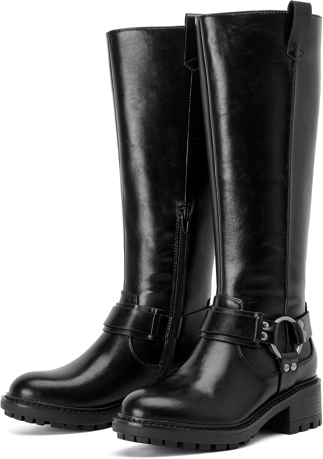 imageKnee High Boots for Women Classic Comfort Riding Combat Boot Round Toe Side Zipper Long Tall Fall Winter Womens BootsBlack Pu 972