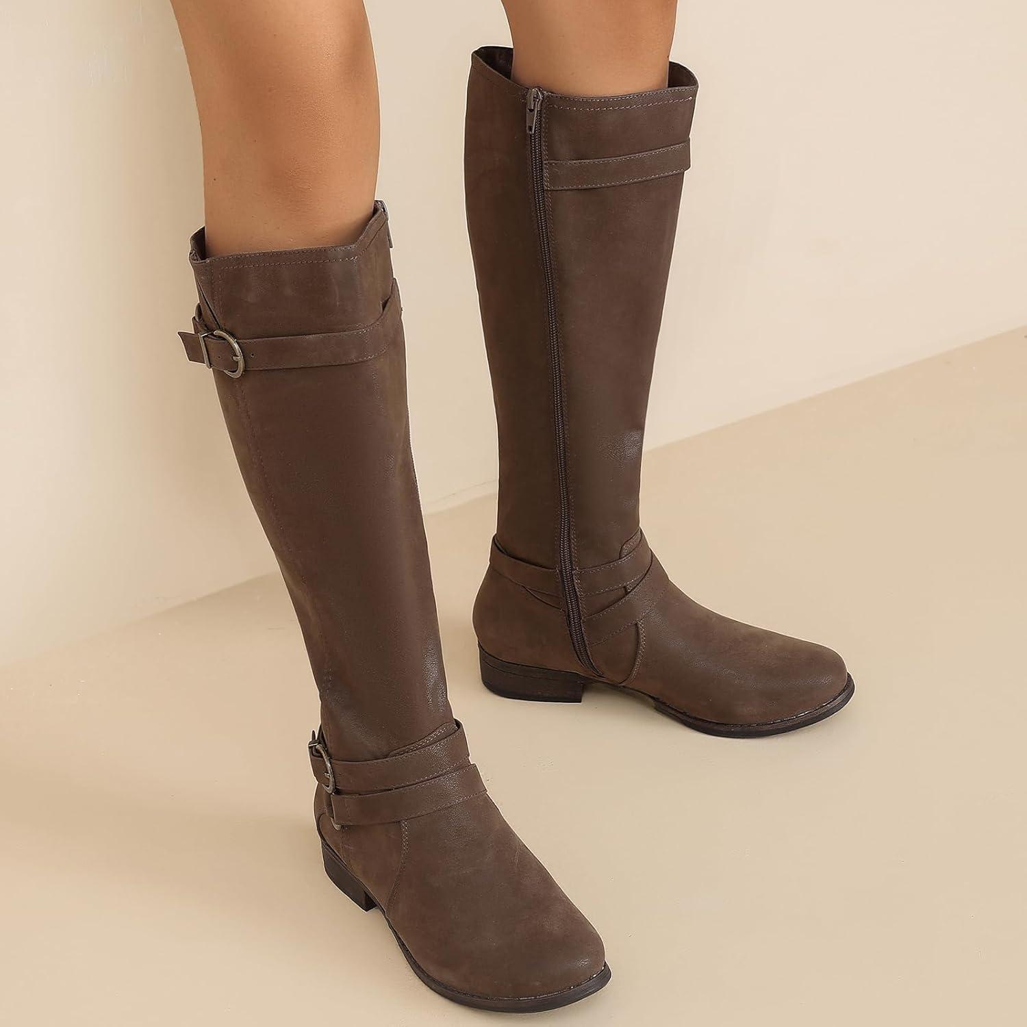 imageKnee High Boots for Women Classic Comfort Riding Combat Boot Round Toe Side Zipper Long Tall Fall Winter Womens BootsBrown Pu 305