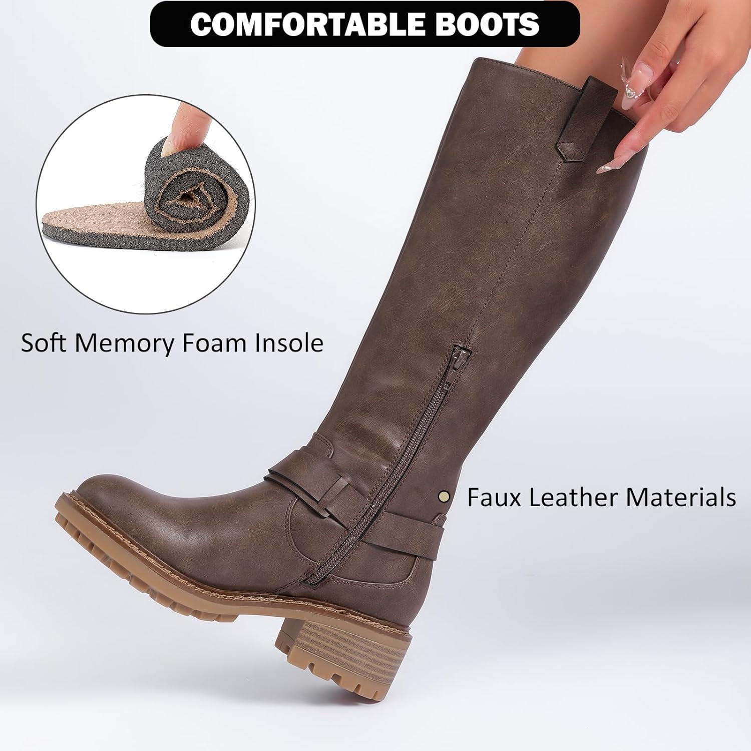 imageKnee High Boots for Women Classic Comfort Riding Combat Boot Round Toe Side Zipper Long Tall Fall Winter Womens BootsBrown Pu 972