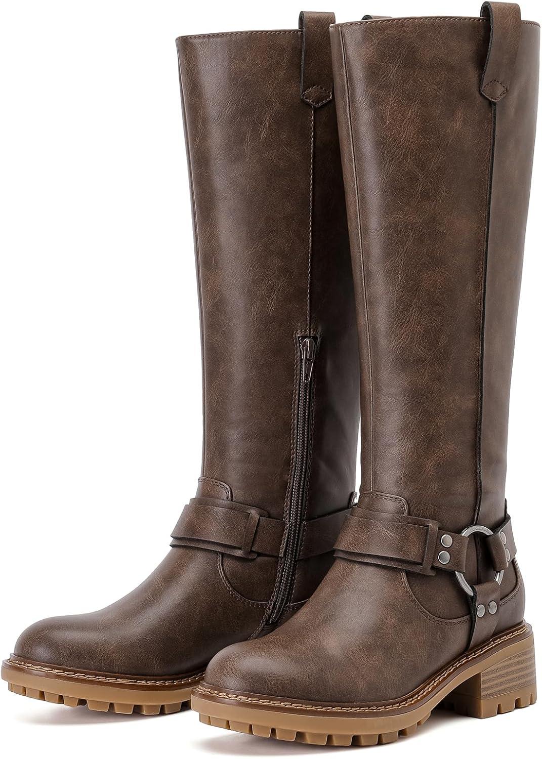 imageKnee High Boots for Women Classic Comfort Riding Combat Boot Round Toe Side Zipper Long Tall Fall Winter Womens BootsBrown Pu 972