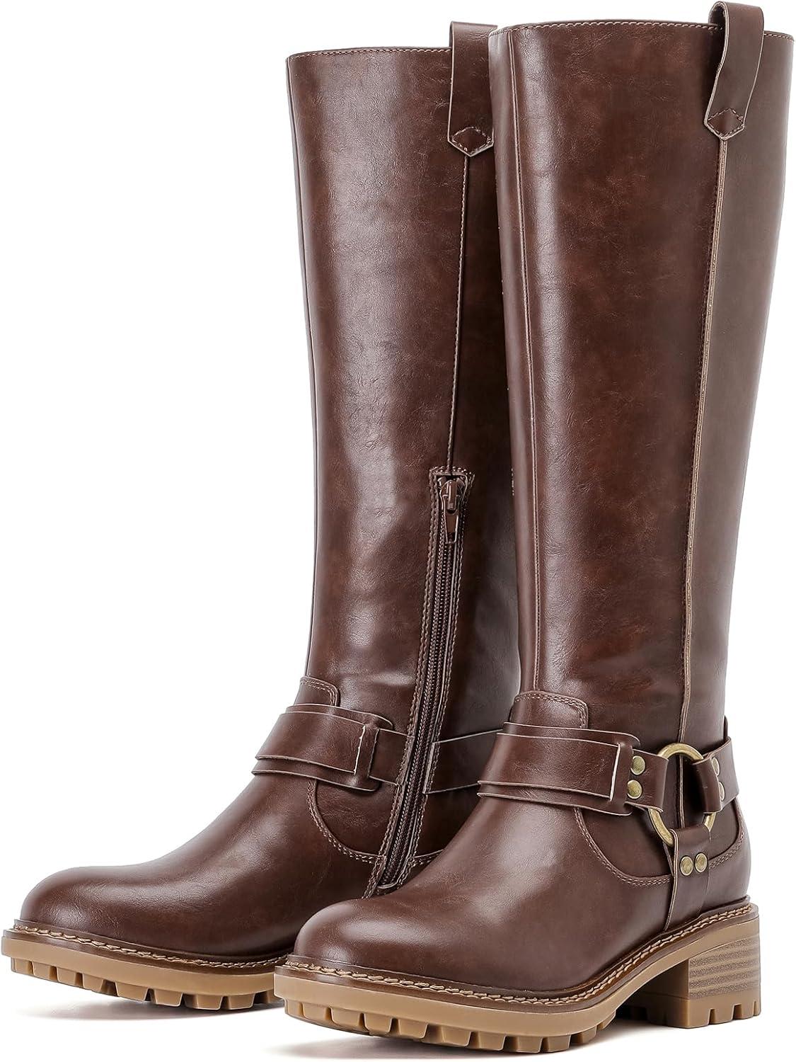 imageKnee High Boots for Women Classic Comfort Riding Combat Boot Round Toe Side Zipper Long Tall Fall Winter Womens BootsD Brown Pu 972