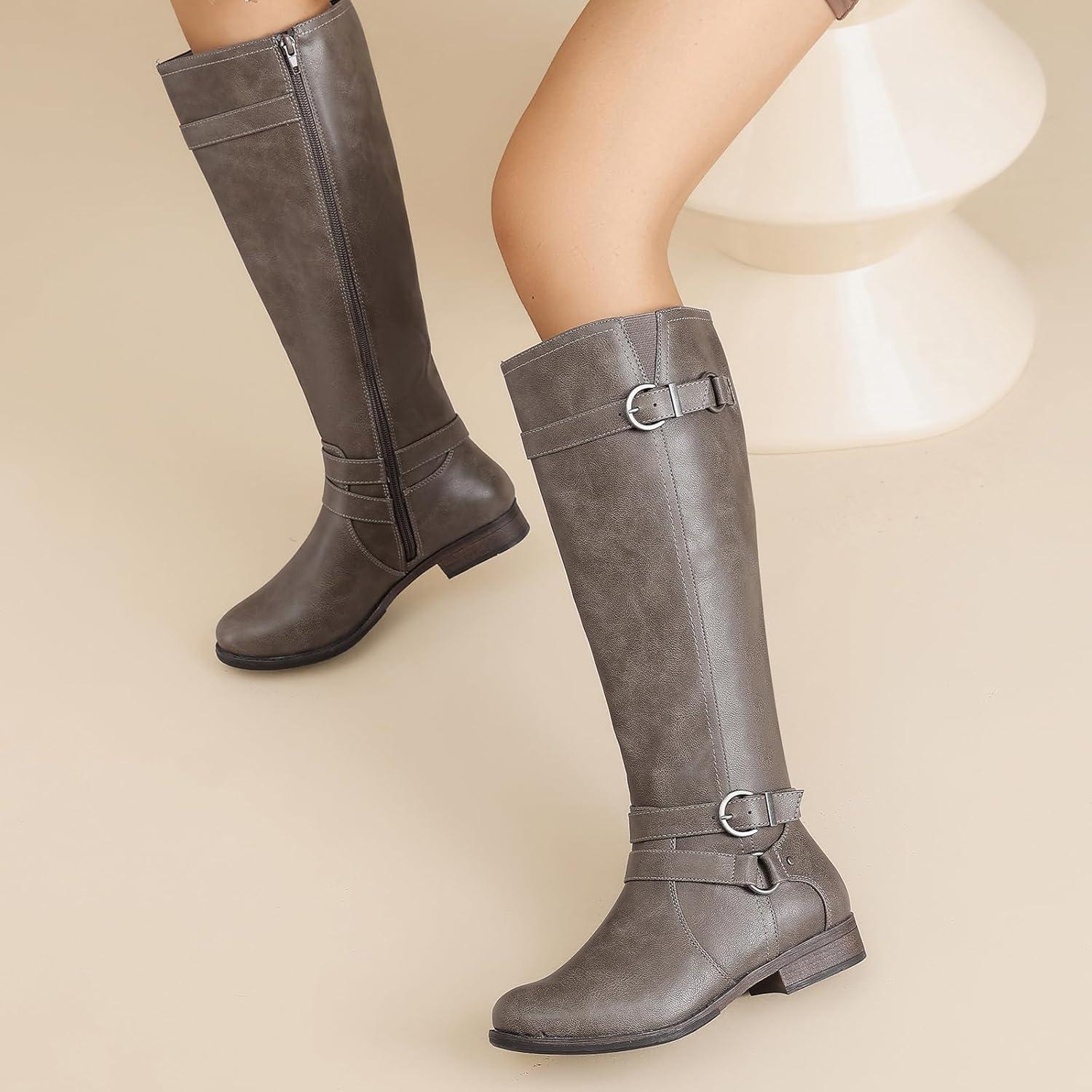 imageKnee High Boots for Women Classic Comfort Riding Combat Boot Round Toe Side Zipper Long Tall Fall Winter Womens BootsDark Grey Pu 305