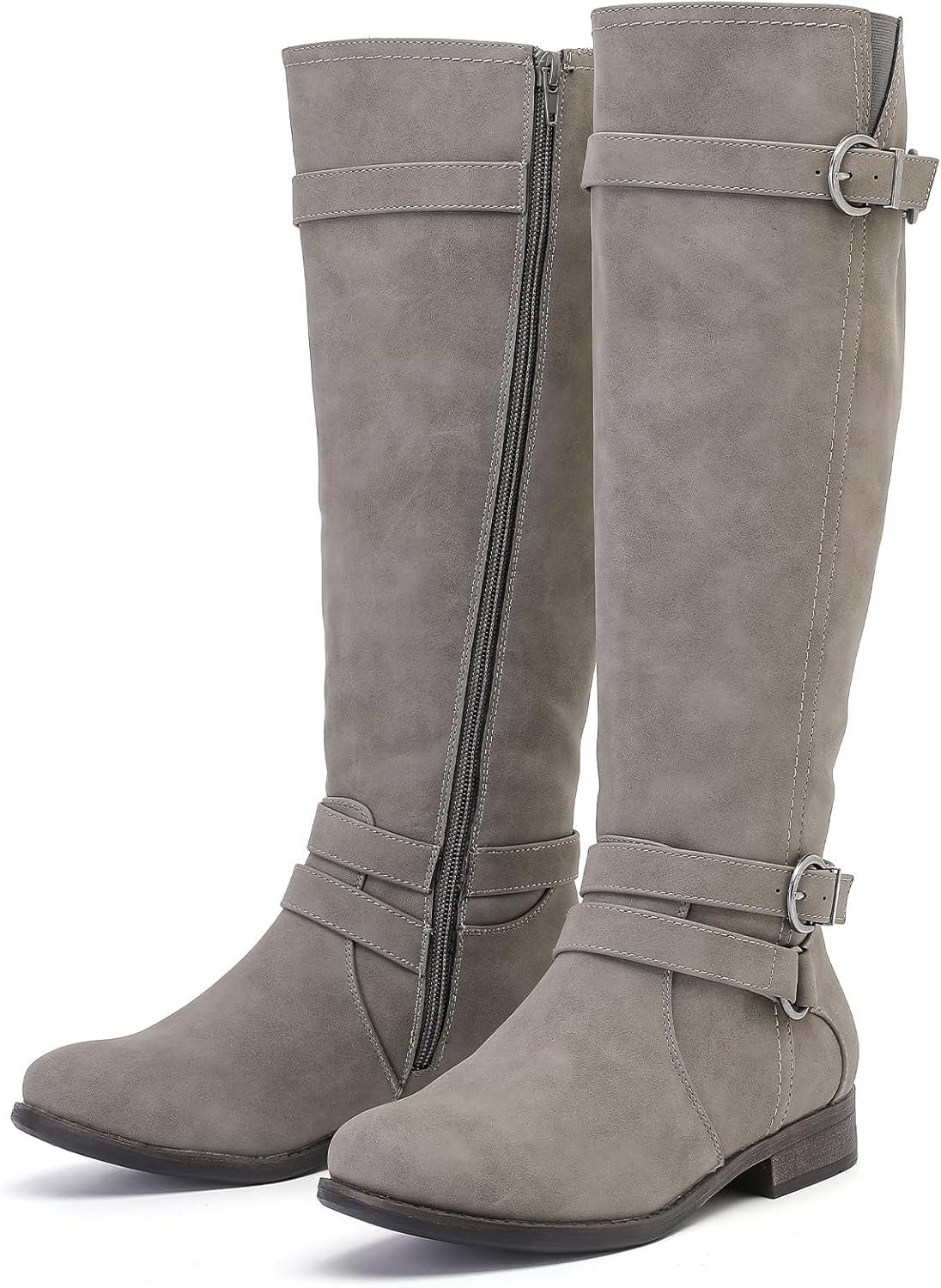 imageKnee High Boots for Women Classic Comfort Riding Combat Boot Round Toe Side Zipper Long Tall Fall Winter Womens BootsGrey Pu 305