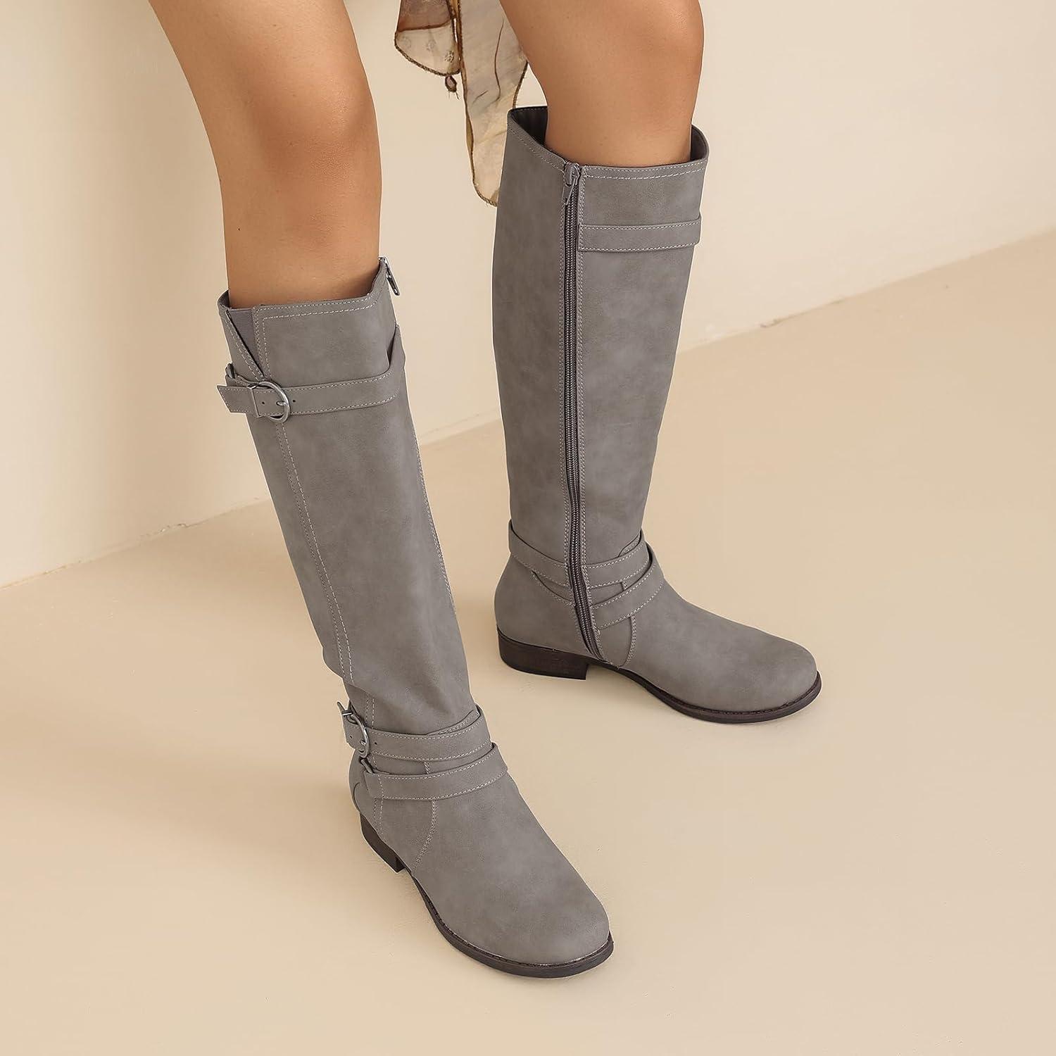 imageKnee High Boots for Women Classic Comfort Riding Combat Boot Round Toe Side Zipper Long Tall Fall Winter Womens BootsGrey Pu 305