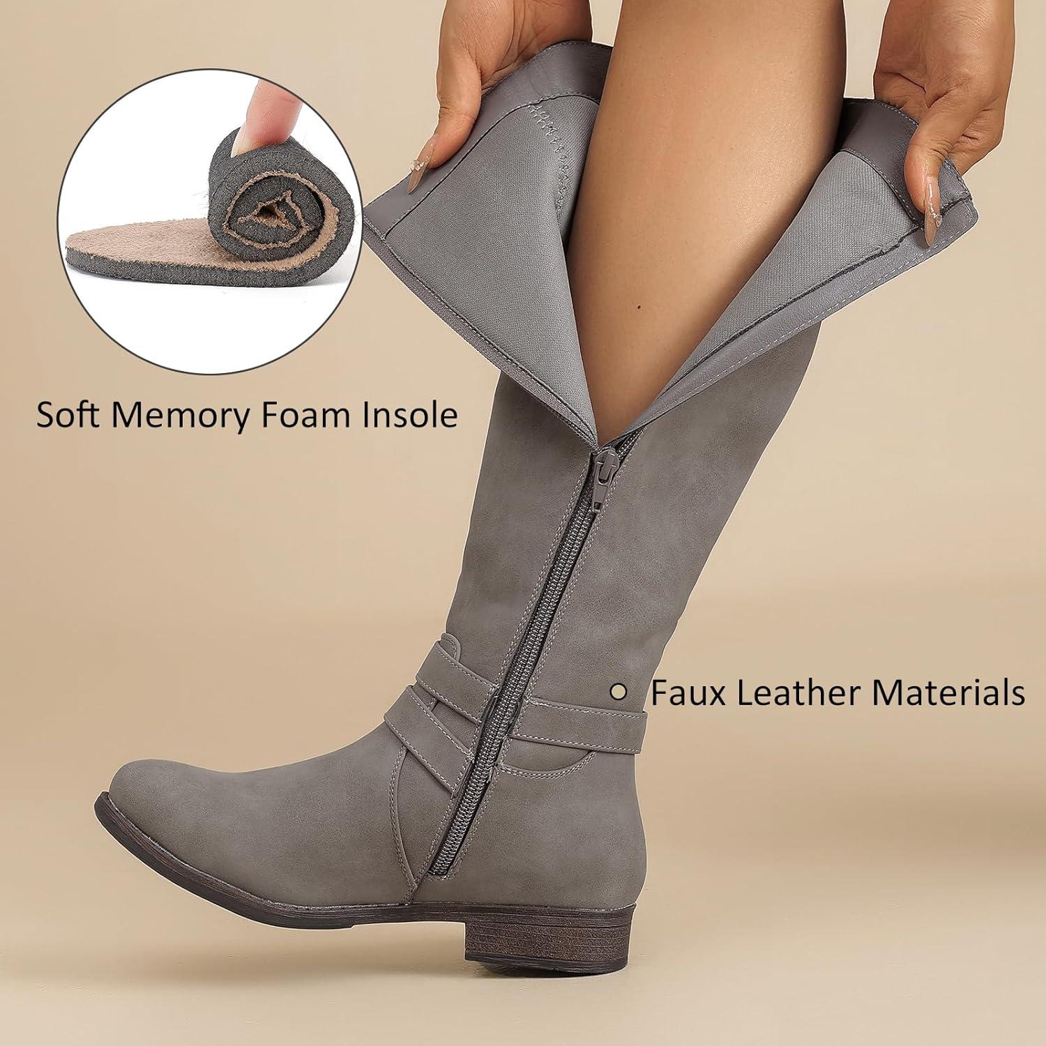 imageKnee High Boots for Women Classic Comfort Riding Combat Boot Round Toe Side Zipper Long Tall Fall Winter Womens BootsGrey Pu 305