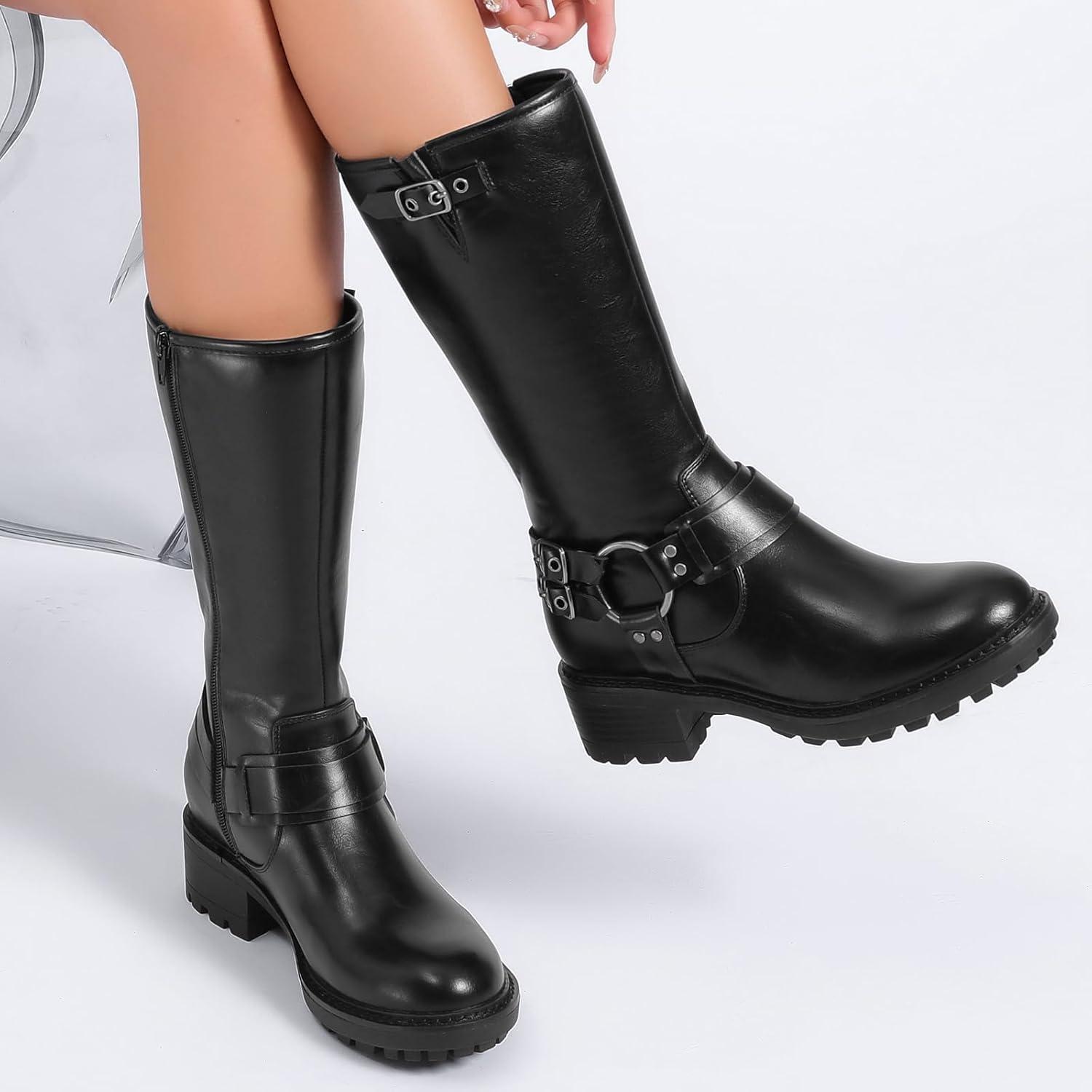 imageMid Calf Boots for Women Flat Casual Round Toe Fashion Calf High Boot Buckle Dressy Fall and Winter Low Heeled Womens BootsBlack Mf 973