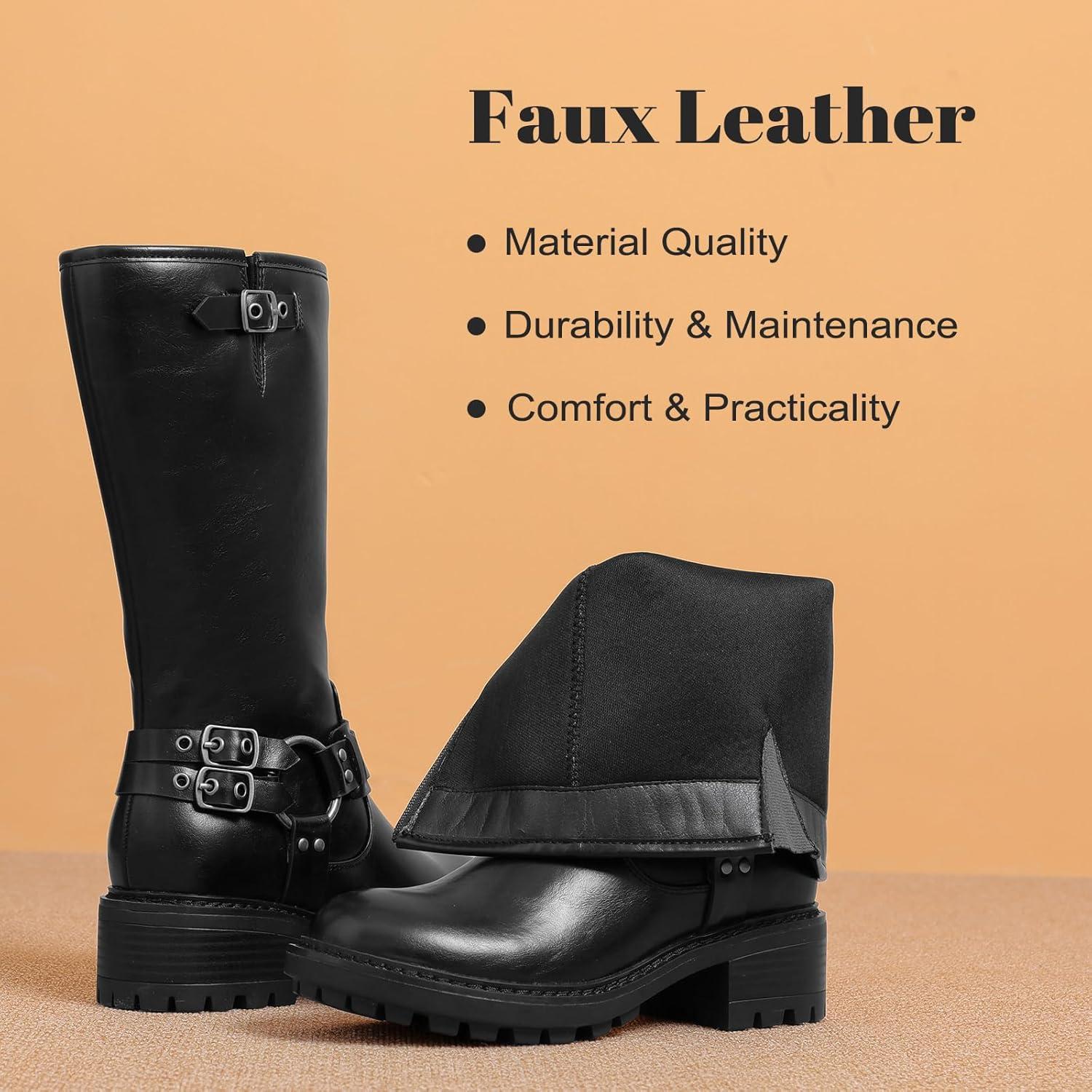 imageMid Calf Boots for Women Flat Casual Round Toe Fashion Calf High Boot Buckle Dressy Fall and Winter Low Heeled Womens BootsBlack Mf 973