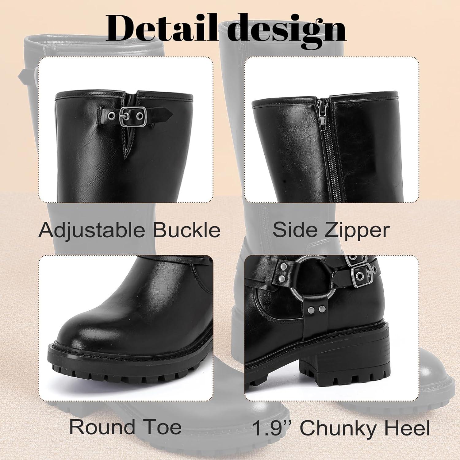 imageMid Calf Boots for Women Flat Casual Round Toe Fashion Calf High Boot Buckle Dressy Fall and Winter Low Heeled Womens BootsBlack Mf 973