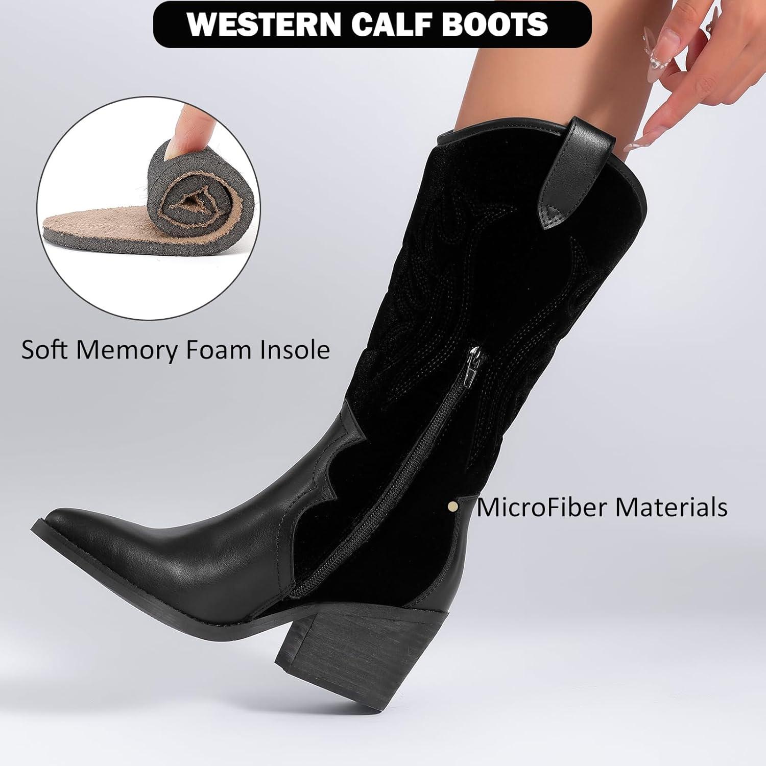 imageMid Calf Boots for Women Flat Casual Round Toe Fashion Calf High Boot Buckle Dressy Fall and Winter Low Heeled Womens BootsBlack Mf 977