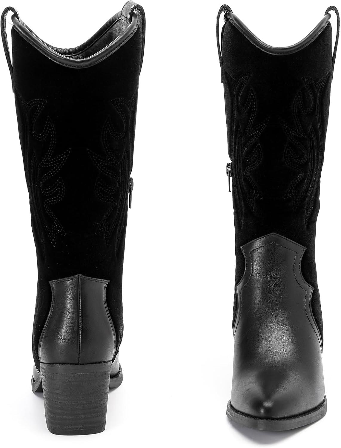 imageMid Calf Boots for Women Flat Casual Round Toe Fashion Calf High Boot Buckle Dressy Fall and Winter Low Heeled Womens BootsBlack Mf 977