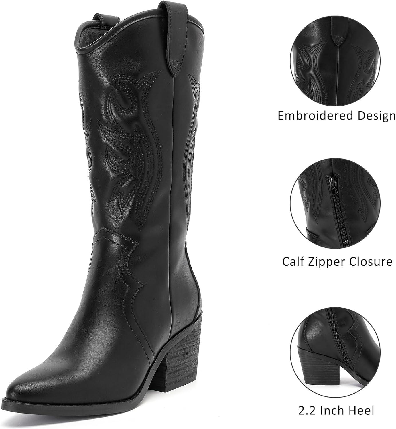 imageMid Calf Boots for Women Flat Casual Round Toe Fashion Calf High Boot Buckle Dressy Fall and Winter Low Heeled Womens BootsBlack Pu 977