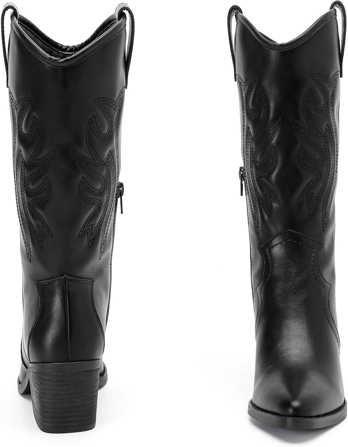 imageMid Calf Boots for Women Flat Casual Round Toe Fashion Calf High Boot Buckle Dressy Fall and Winter Low Heeled Womens BootsBlack Pu 977