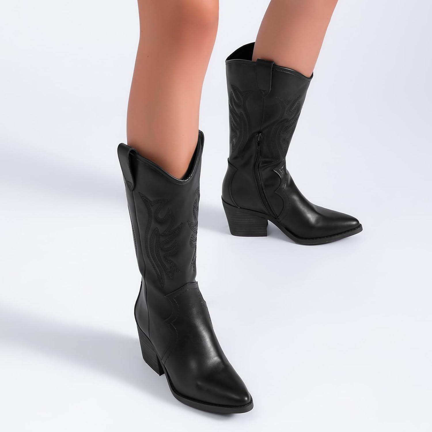 imageMid Calf Boots for Women Flat Casual Round Toe Fashion Calf High Boot Buckle Dressy Fall and Winter Low Heeled Womens BootsBlack Pu 977