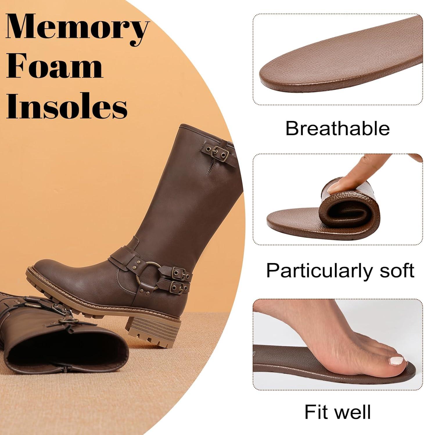 imageMid Calf Boots for Women Flat Casual Round Toe Fashion Calf High Boot Buckle Dressy Fall and Winter Low Heeled Womens BootsBrown Mf 973