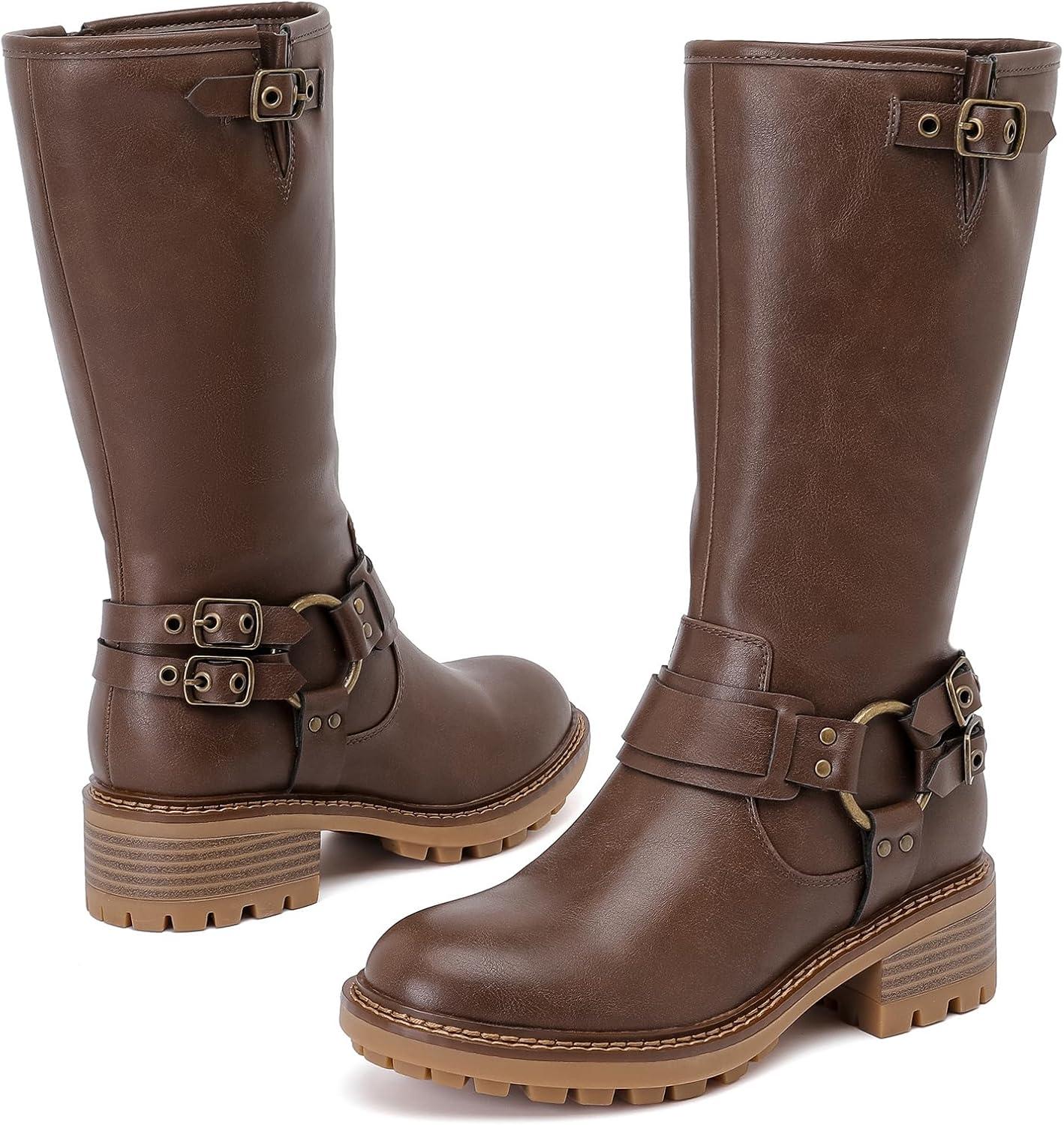 imageMid Calf Boots for Women Flat Casual Round Toe Fashion Calf High Boot Buckle Dressy Fall and Winter Low Heeled Womens BootsBrown Mf 973