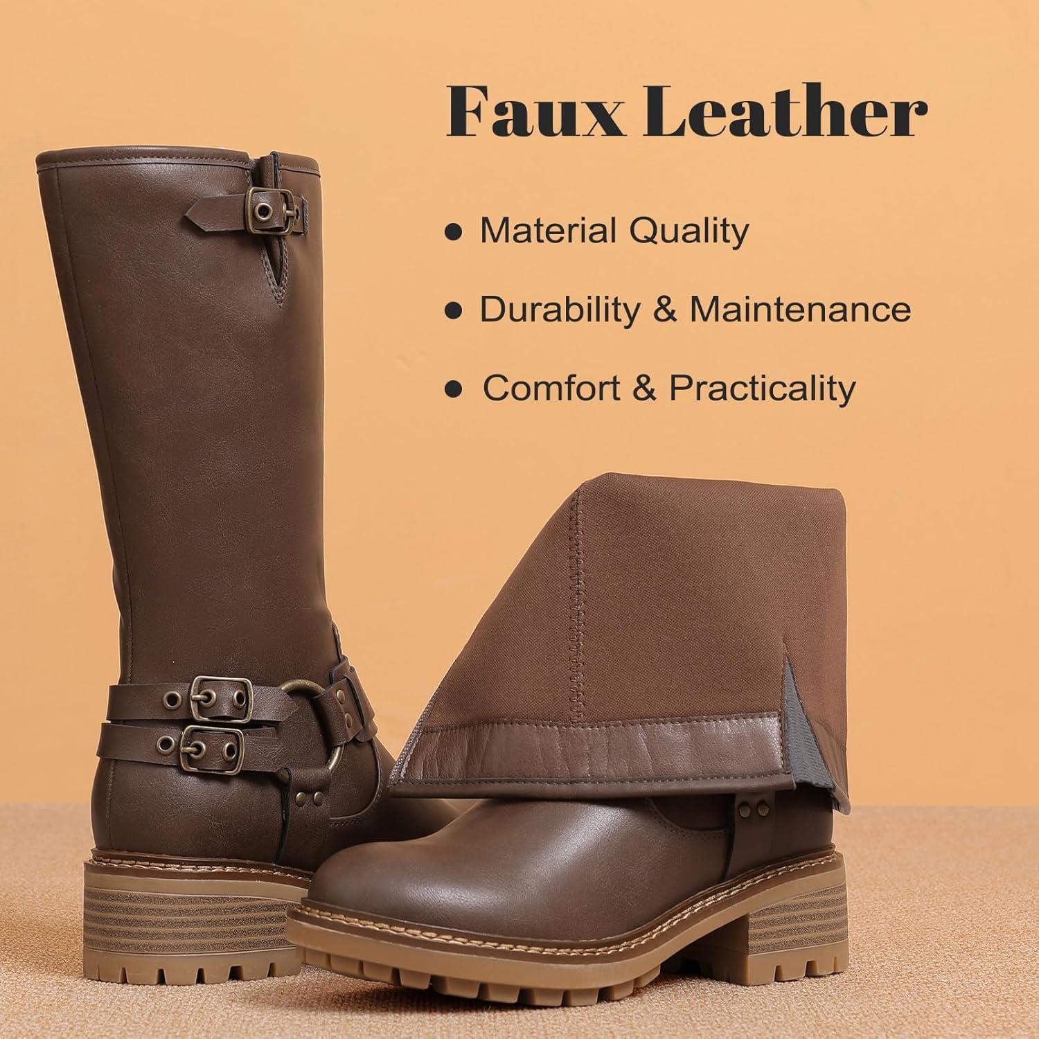 imageMid Calf Boots for Women Flat Casual Round Toe Fashion Calf High Boot Buckle Dressy Fall and Winter Low Heeled Womens BootsBrown Mf 973