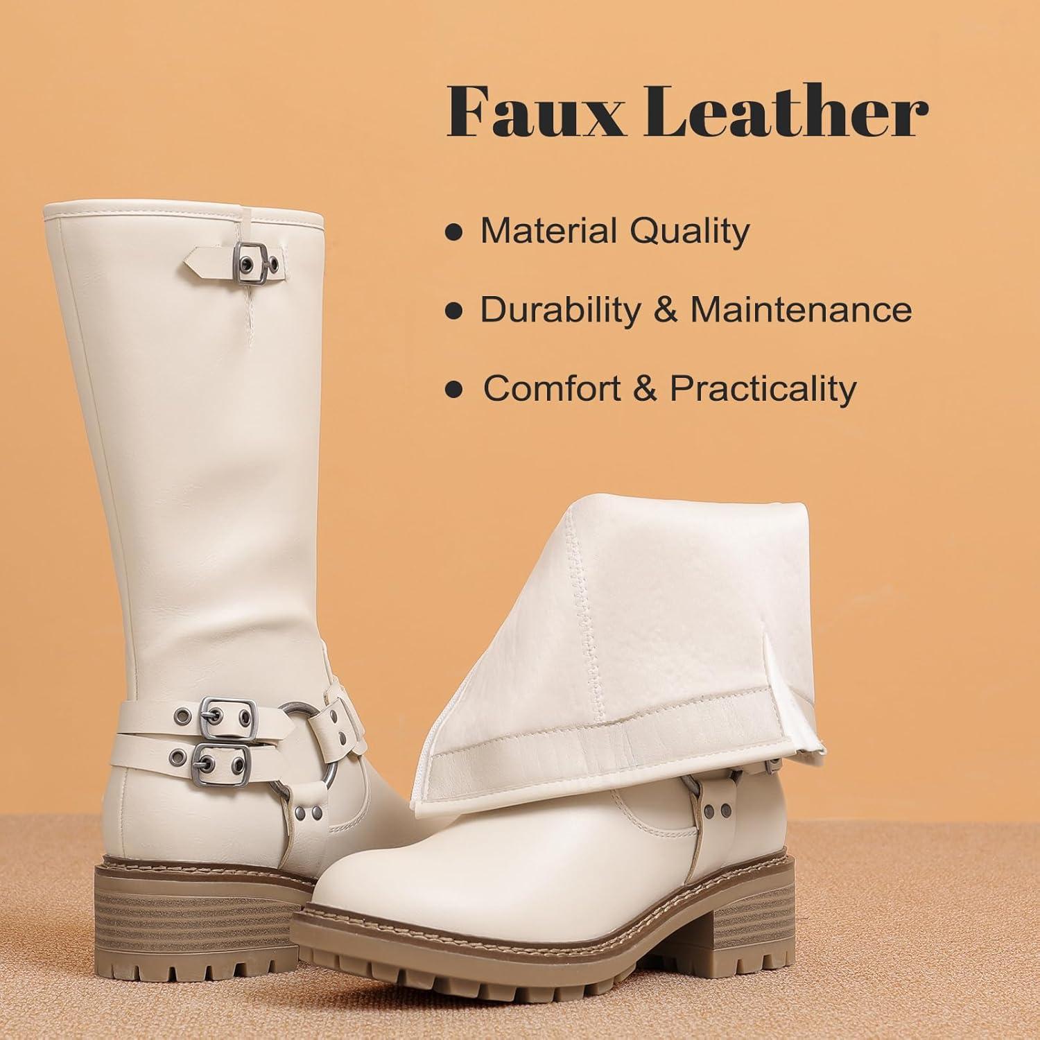 imageMid Calf Boots for Women Flat Casual Round Toe Fashion Calf High Boot Buckle Dressy Fall and Winter Low Heeled Womens BootsWhite Mf 973