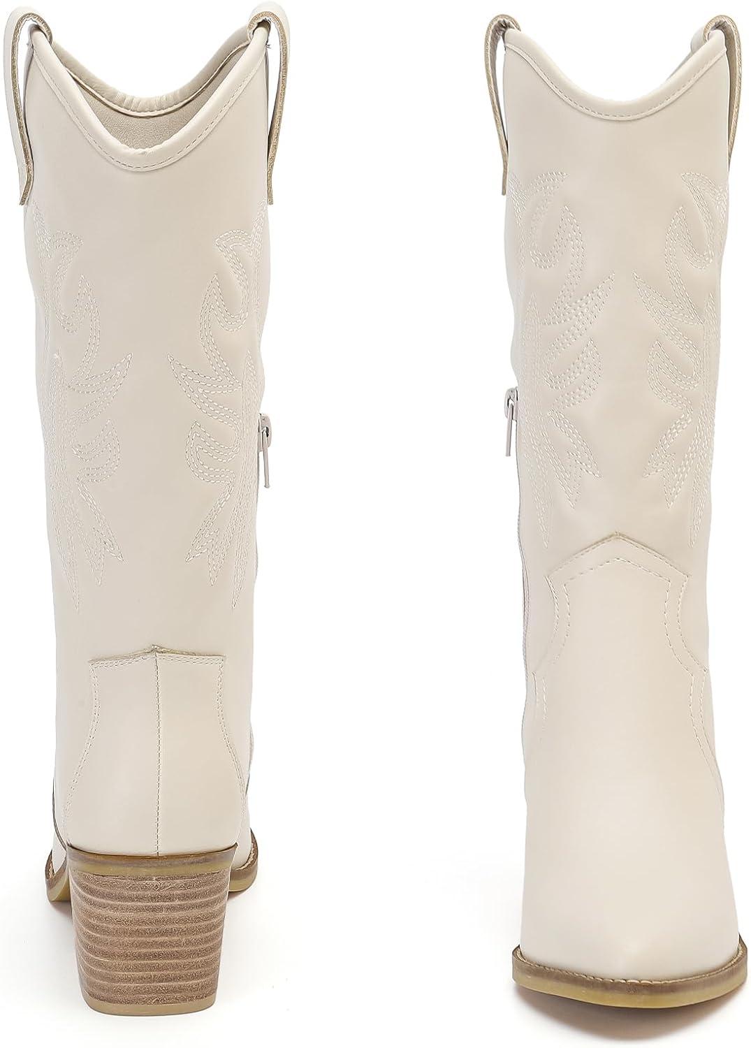 imageMid Calf Boots for Women Flat Casual Round Toe Fashion Calf High Boot Buckle Dressy Fall and Winter Low Heeled Womens BootsWhite Pu 977