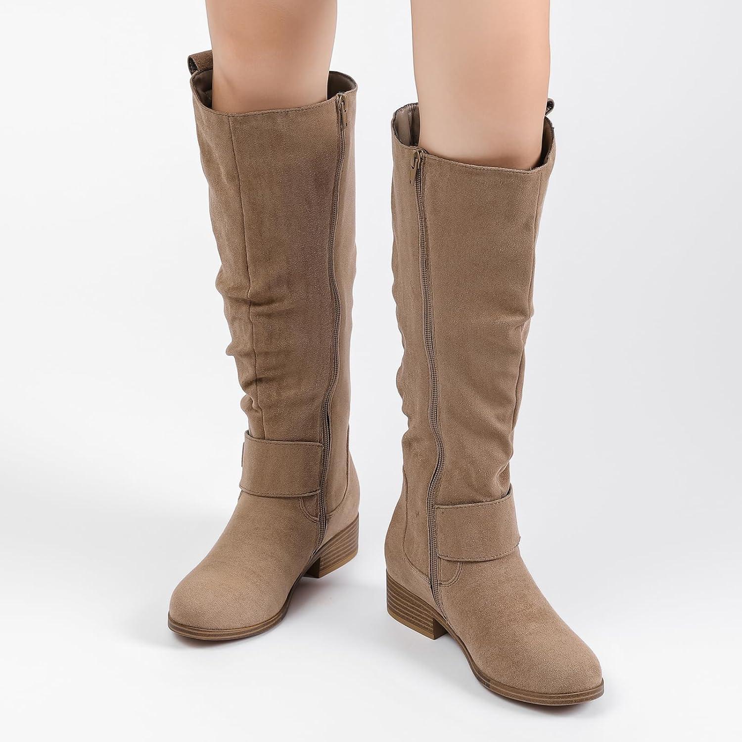 imageWomens Slouchy Knee High Boots Comfortable Wide Calf Platform Flat Tall Boot Stylish Round Toe Fall Winter Casual Boots for WomenBeige Mf 124