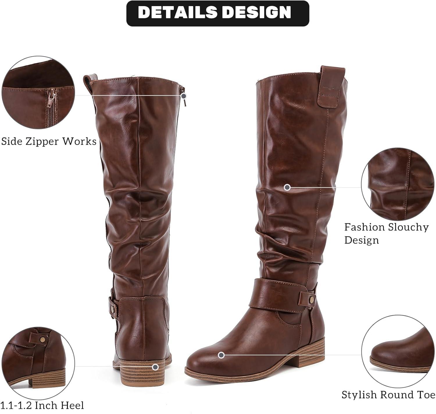 imageWomens Slouchy Knee High Boots Comfortable Wide Calf Platform Flat Tall Boot Stylish Round Toe Fall Winter Casual Boots for WomenBrown Pu 124