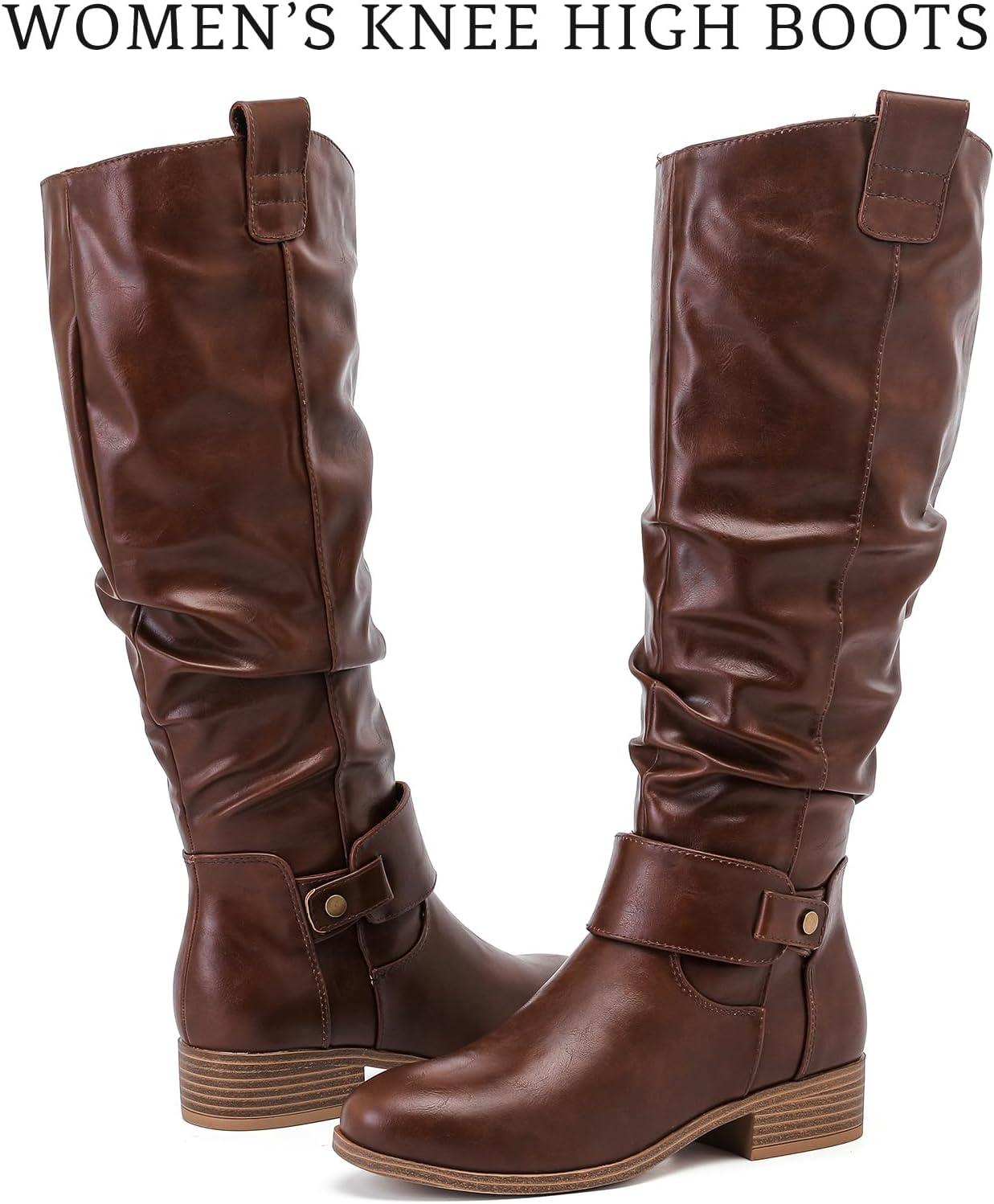 imageWomens Slouchy Knee High Boots Comfortable Wide Calf Platform Flat Tall Boot Stylish Round Toe Fall Winter Casual Boots for WomenBrown Pu 124