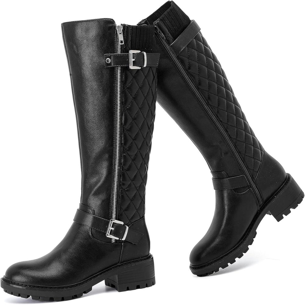 imageKnee High Boots for Women Classic Comfort Riding Combat Boot Round Toe Side Zipper Long Tall Fall Winter Womens BootsBlack Pu 267