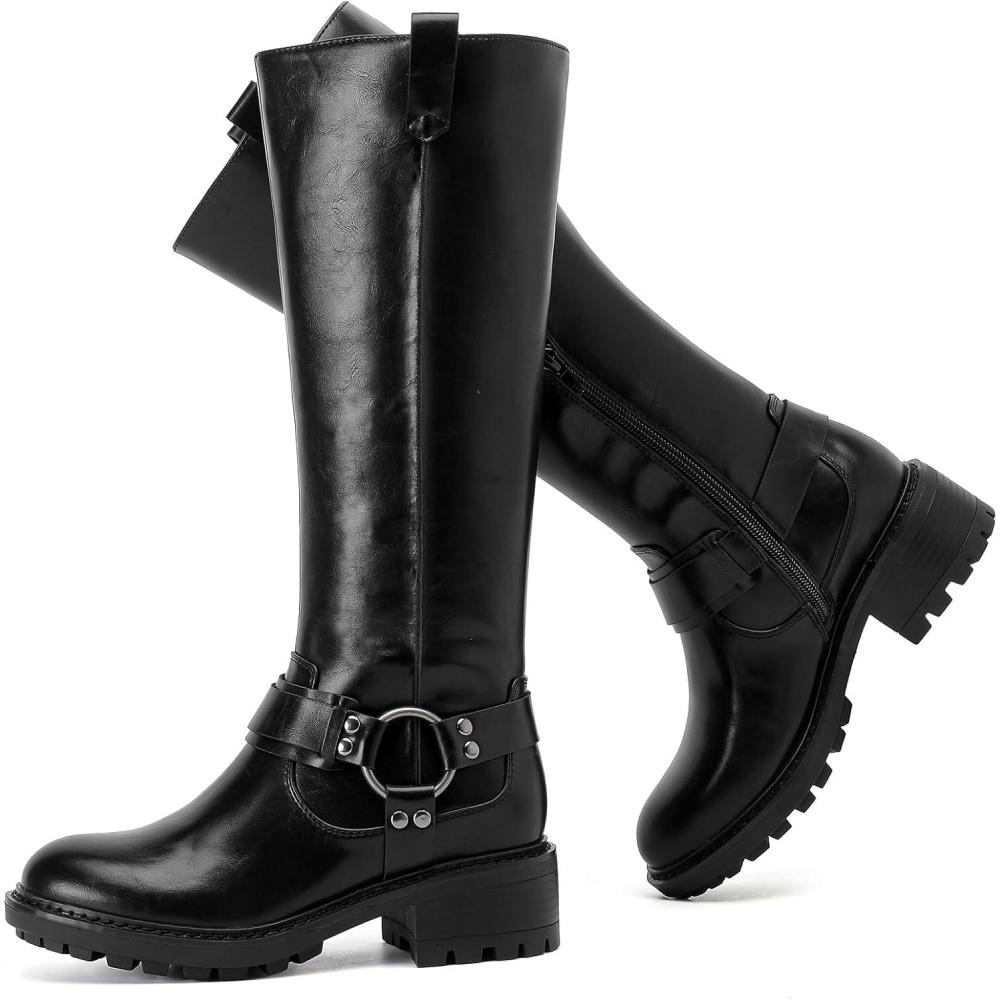 imageKnee High Boots for Women Classic Comfort Riding Combat Boot Round Toe Side Zipper Long Tall Fall Winter Womens BootsBlack Pu 972