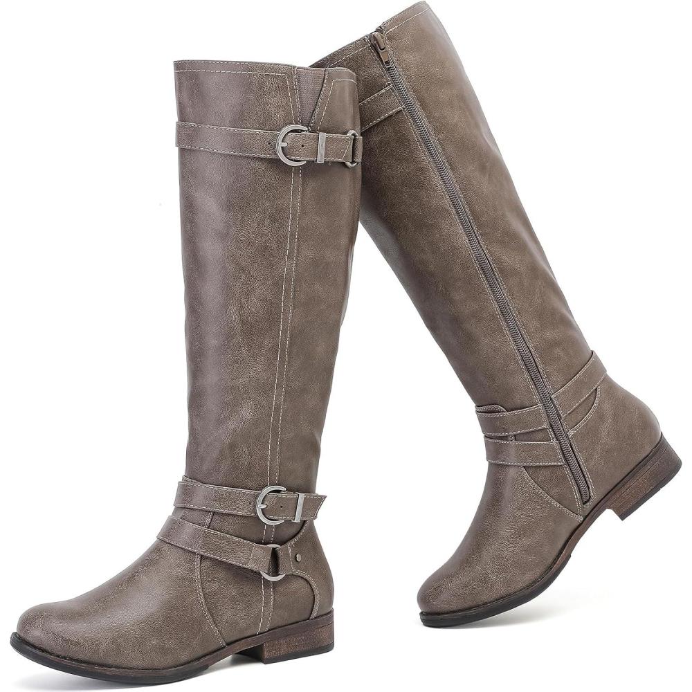 imageKnee High Boots for Women Classic Comfort Riding Combat Boot Round Toe Side Zipper Long Tall Fall Winter Womens BootsDark Grey Pu 305