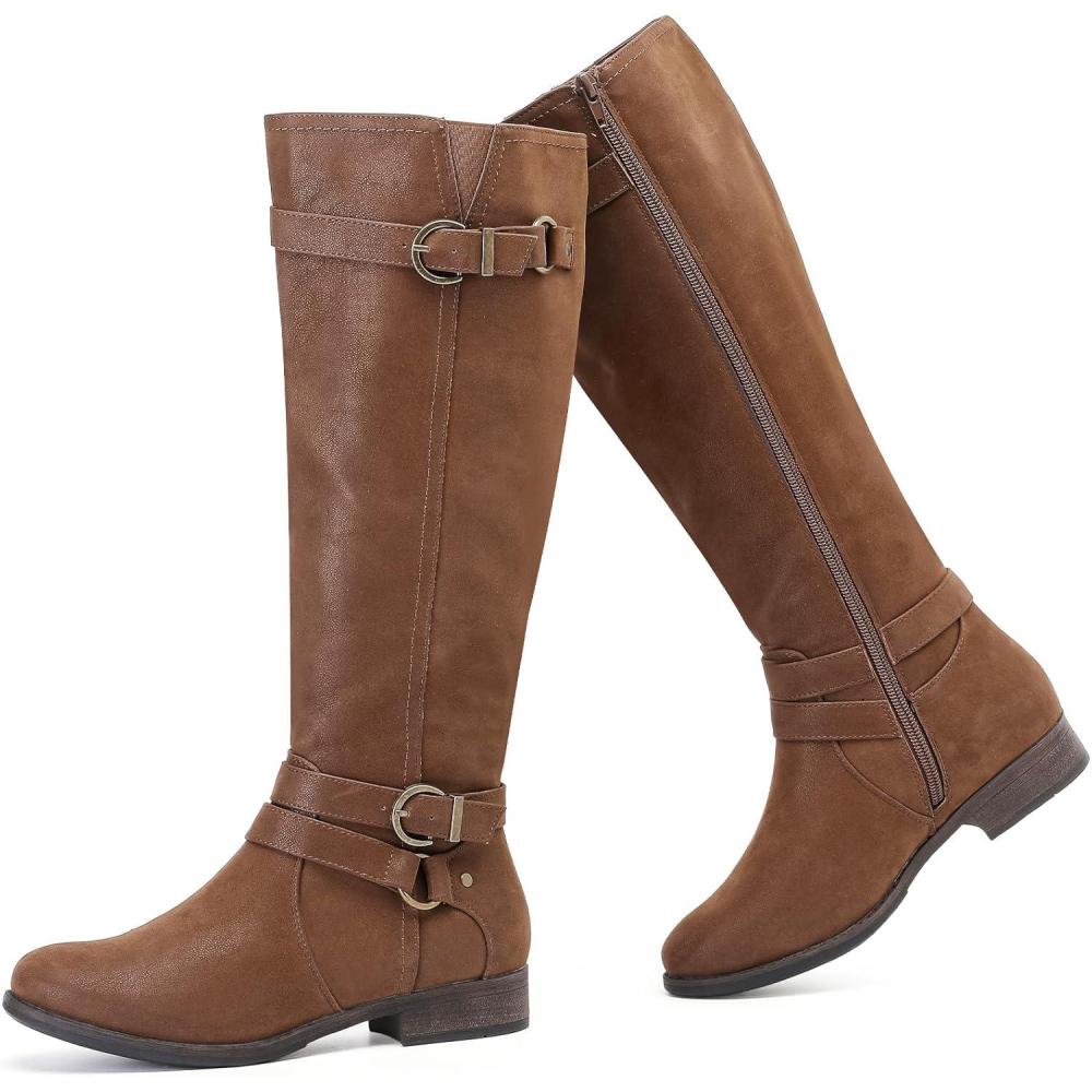 imageKnee High Boots for Women Classic Comfort Riding Combat Boot Round Toe Side Zipper Long Tall Fall Winter Womens BootsTan Pu 305