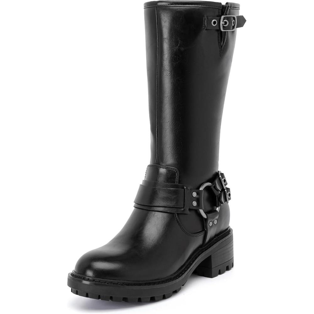 imageMid Calf Boots for Women Flat Casual Round Toe Fashion Calf High Boot Buckle Dressy Fall and Winter Low Heeled Womens BootsBlack Mf 973