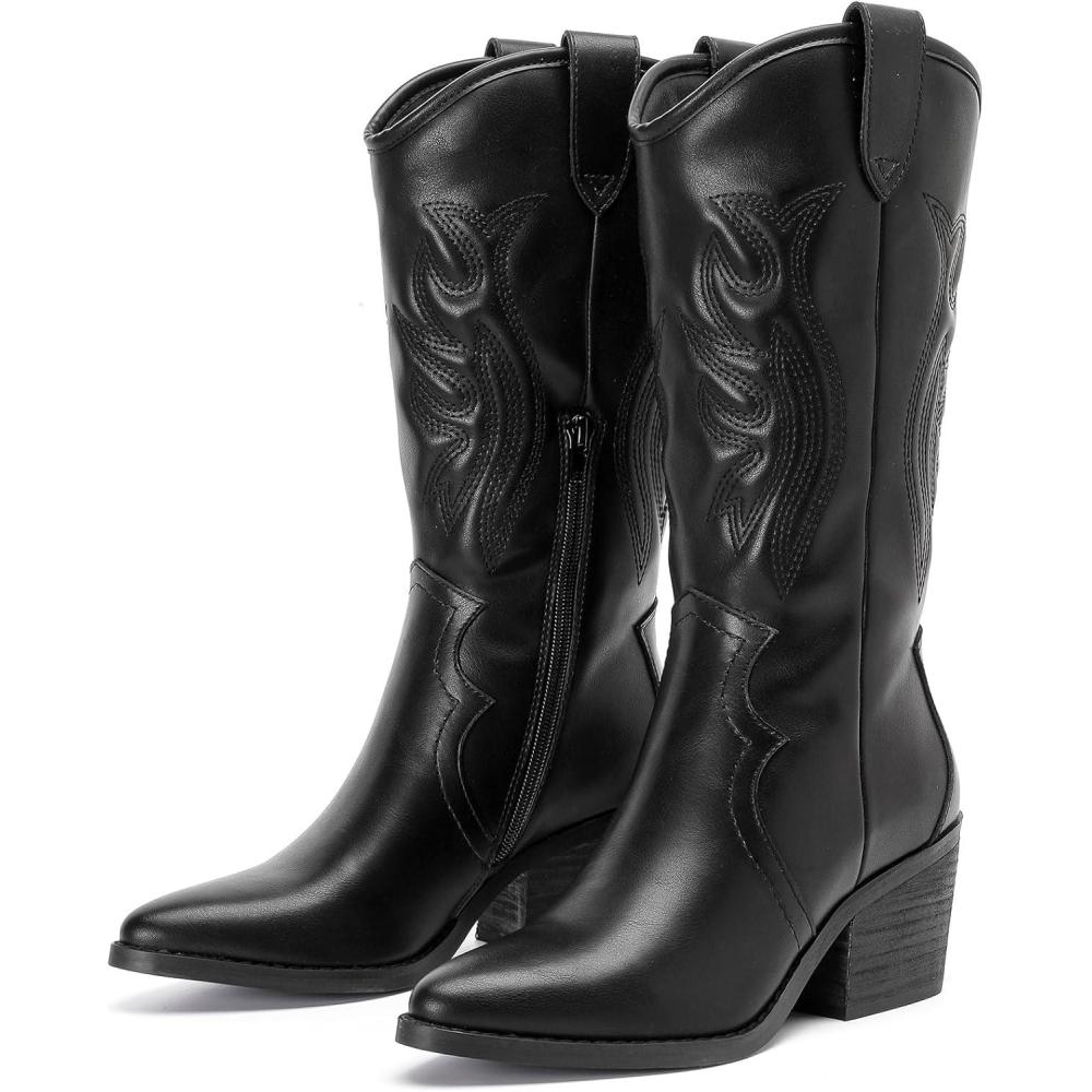 imageMid Calf Boots for Women Flat Casual Round Toe Fashion Calf High Boot Buckle Dressy Fall and Winter Low Heeled Womens BootsBlack Pu 977