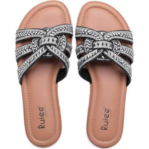 image:imageRuiee Wide Width Sandals for Women Fashion Slide Sandal Diamond Sparkly Bling Casual Dressy Flat Slides Comfort Bride Wedding Summer Slip on Wide Feet Womens SandalsBlack Pu 776