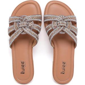 image:imageRuiee Wide Width Sandals for Women Fashion Slide Sandal Diamond Sparkly Bling Casual Dressy Flat Slides Comfort Bride Wedding Summer Slip on Wide Feet Womens SandalsTan Pu 776