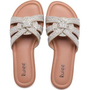 image:imageRuiee Wide Width Sandals for Women Fashion Slide Sandal Diamond Sparkly Bling Casual Dressy Flat Slides Comfort Bride Wedding Summer Slip on Wide Feet Womens SandalsGold Pu 776
