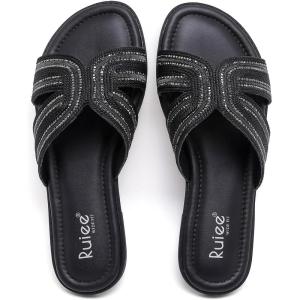 image:imageRuiee Wide Width Sandals for Women Fashion Slide Sandal Diamond Sparkly Bling Casual Dressy Flat Slides Comfort Bride Wedding Summer Slip on Wide Feet Womens SandalsBlack Pu 778