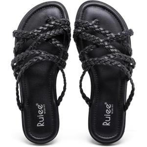 image:imageRuiee Wide Width Sandals for Women Summer Flip Flops Flat Slide Sandals Casual Braided Wide Feet Slides Comfort Slip on Thong Womens SandalBlack Pu 780
