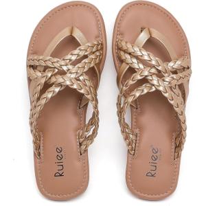 image:imageRuiee Wide Width Sandals for Women Summer Flip Flops Flat Slide Sandals Casual Braided Wide Feet Slides Comfort Slip on Thong Womens SandalGold Pu 8009