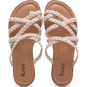 image:imageRuiee Wide Width Sandals for Women Summer Flip Flops Flat Slide Sandals Casual Braided Wide Feet Slides Comfort Slip on Thong Womens SandalNude Pu 780