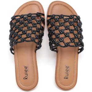 image:imageRuiee Wide Width Sandals for Women Summer Slide Sandal Casual Wide Feet Flat Slides Comfort Braided Slip on Sandals Beach Shoes for WomenBlack Pu 8008