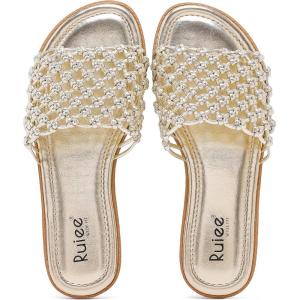 image:imageRuiee Wide Width Sandals for Women Summer Slide Sandal Casual Wide Feet Flat Slides Comfort Braided Slip on Sandals Beach Shoes for WomenGold Pu 774