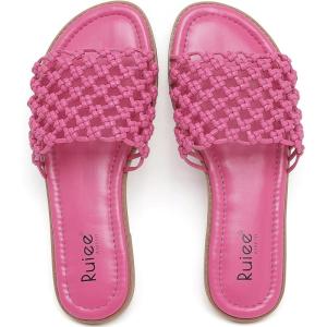 image:imageRuiee Wide Width Sandals for Women Summer Slide Sandal Casual Wide Feet Flat Slides Comfort Braided Slip on Sandals Beach Shoes for WomenPink Pu 774
