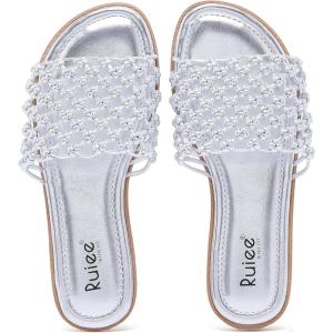 image:imageRuiee Wide Width Sandals for Women Summer Slide Sandal Casual Wide Feet Flat Slides Comfort Braided Slip on Sandals Beach Shoes for WomenSliver Pu 774