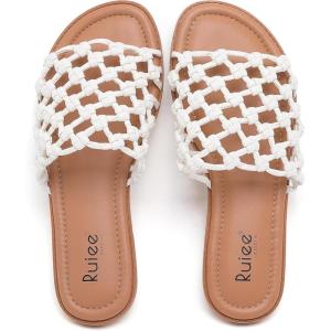 image:imageRuiee Wide Width Sandals for Women Summer Slide Sandal Casual Wide Feet Flat Slides Comfort Braided Slip on Sandals Beach Shoes for WomenWhite Pu 8008
