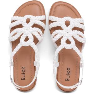 image:imageRuiee Wide Width Sandals for Women Summer Casual Braided Wide Feet Flat Slides Sandal Comfort Slip on Sandals Open Toe Beach Shoes for WomenWhite Pu 8010