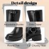 image:imageRuiee Mid Calf Boots for Women Flat Casual Round Toe Fashion Calf High Boot Buckle Dressy Fall and Winter Low Heeled Womens BootsBlack Mf 973