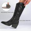 image:imageRuiee Mid Calf Boots for Women Flat Casual Round Toe Fashion Calf High Boot Buckle Dressy Fall and Winter Low Heeled Womens BootsBlack Pu 977